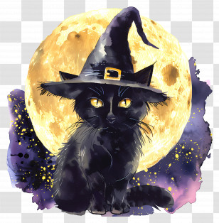 Halloween Cat - Black Witch Cat With Full Moon Transparent PNG