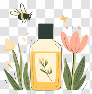Aroma - Yellow Essential Oil Bottle With Flowers And Bees Transparent PNG