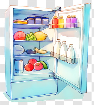 Watercolor Open Refrigerator - Open Fridge With Food And Drinks Transparent PNG