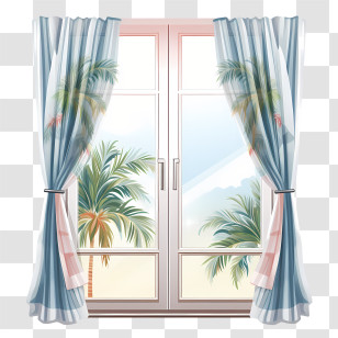 Window Curtain - Window With Blue Curtains And Tropical View Transparent PNG