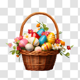 Easter Basket - Easter Basket With Painted Eggs And Flowers Transparent PNG