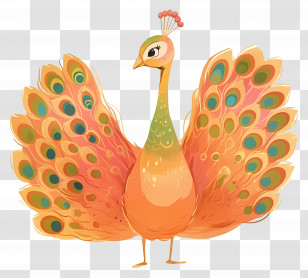 Cartoon Peacock - Orange Peacock Displaying Feathers Transparent PNG