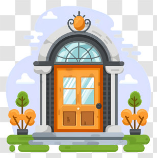 Building - Ornate Orange Door With Potted Plants Transparent PNG