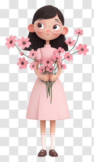 Kawaii Girl With Flowers - Sweet Girl Holding Pink Bouquet Transparent PNG