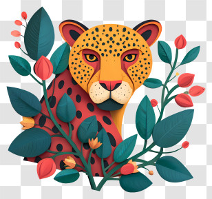 Jaguar Peering Through Foliage - Colorful Leopard With Leaves And Flowers Transparent PNG