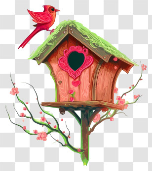 In The Style Of Romantic Illustration - Decorative Birdhouse With Flowers And A Red Bird Transparent PNG