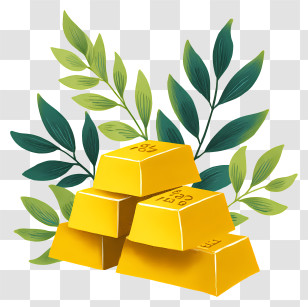 Gold Bars - Gold Bars With Leaves Illustration Transparent PNG