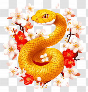Snake Year - Golden Snake With Flowers Transparent PNG