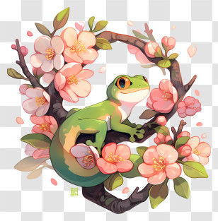 Cute Gecko - Frog On Cherry Blossom Wreath Transparent PNG