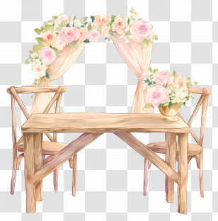 Watercolor Wedding Scene - Wooden Table With Floral Decoration For Elegant Setting Transparent PNG