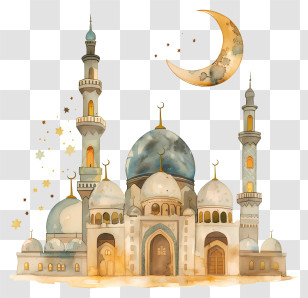 Eid Al Fitr - Watercolor Art Of Islamic Mosque With Crescent Moon Transparent PNG