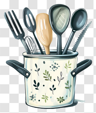 Kitchen Utensil Holder - Kitchen Utensils In Decorative Container Transparent PNG
