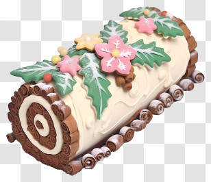 Christmas - White Chocolate Yule Log With Holly And Flowers Transparent PNG