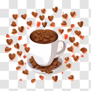 International Coffee Day - Coffee Cup With Hearts And Beans Transparent PNG
