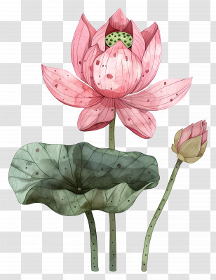 Lotus Flower - Hand-Drawn Pink Lotus With Leaves Transparent PNG