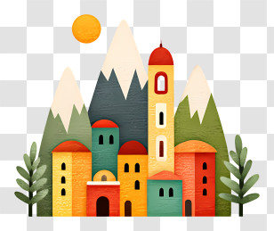 City In Mountains - Colorful Village With Mountains And Sun Transparent PNG