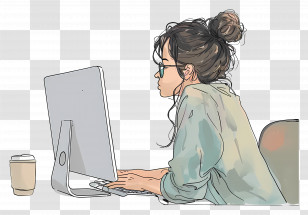 Cartoon Woman Working - Woman Working On A Computer Transparent PNG