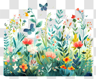 Spring Garden - Picturesque Wildflower Meadow With Butterflies Transparent PNG