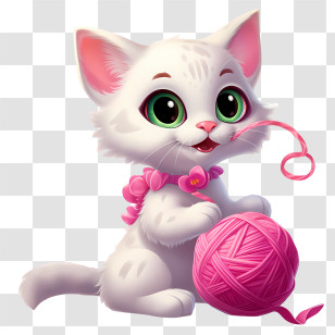 Cat Playing Yarn Ball - Adorable White Cat With Pink Yarn Ball Transparent PNG