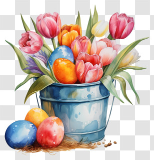 Painting - Colorful Tulips And Easter Eggs In Decorative Bucket Transparent PNG