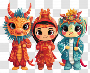 Chinese New Year - Festive Cartoon Characters In Costumes Transparent PNG
