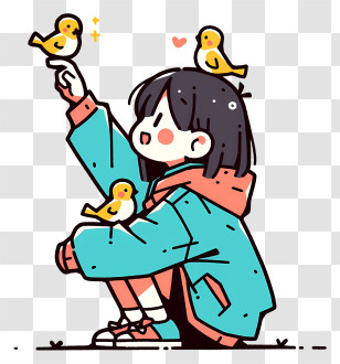 Kawaii Girl With Bird - Cute Girl With Yellow Birds Transparent PNG