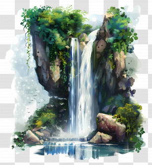 Summer - Beautiful Waterfall Scene With Lush Green Surroundings Transparent PNG