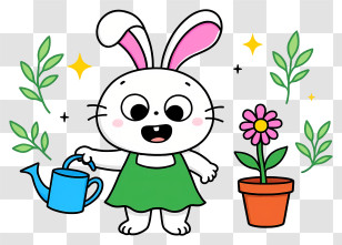 Kawaii Bunny - Cute Bunny Watering Plant Transparent PNG