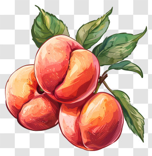 Peaches - Juicy Peaches With Leaves Art Illustration Transparent PNG