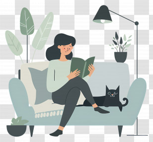 Reading Books - Woman Reading Book With Black Cat On Couch Transparent PNG