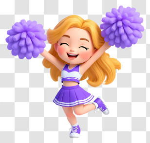 Cute Cartoon Cheerleader Girl - Happy Cheerleader With Purple Pompoms Transparent PNG
