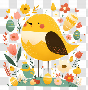 Springtime - Yellow Bird With Spring Flowers Transparent PNG