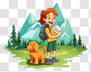 Cartoon Girl - Boy And Dog Hiking In The Mountains Transparent PNG