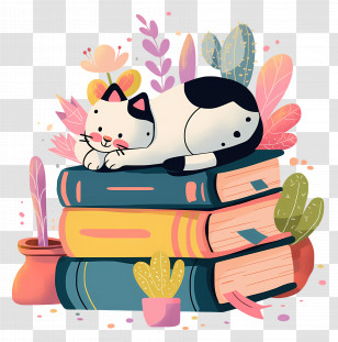 Cat Sleeping On Books - Adorable Cat Resting On Books Among Greenery Transparent PNG