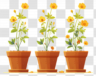 Marigolds Flower In Pot - Three Flowerpots With Blooming Yellow Flowers Transparent PNG