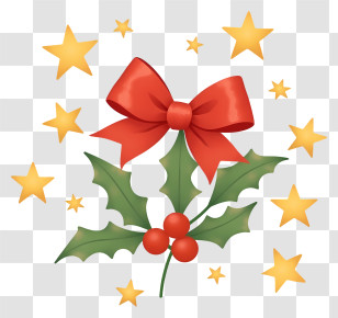 Christmas Holly - Festive Holly With Red Bow And Stars Transparent PNG