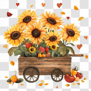 Sunflowers - Sunflowers In A Wooden Wagon For Autumn Decor Transparent PNG