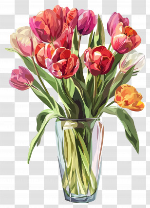 Tulips In Vase - Colorful Tulip Bouquet In Glass Vase Transparent PNG