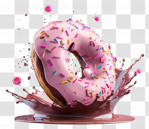 Doughnut - Donut With Pink Frosting, Sprinkles, And Chocolate Splash Transparent PNG