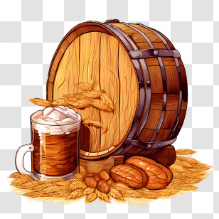 Oktoberfest - Beer Barrel And Mug With Wheat Illustration Transparent PNG