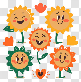 Cartoon - Cute Sunflowers With Happy Faces Transparent PNG