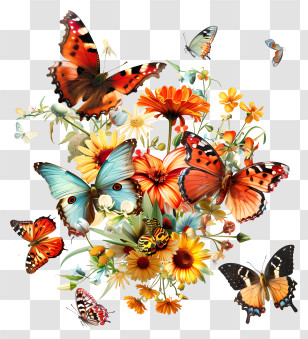 Butterflies - Colorful Butterflies And Vibrant Floral Illustration Transparent PNG