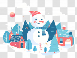 Cute Cartoon Snowman - Snowman With Winter Village Scene Transparent PNG