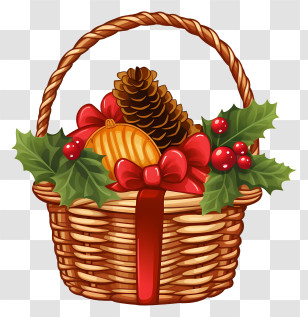 Christmas Decorations - Festive Christmas Basket With Pinecones And Holly Transparent PNG
