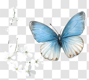 Vintage Spring - Blue Butterfly With Flowers Transparent PNG