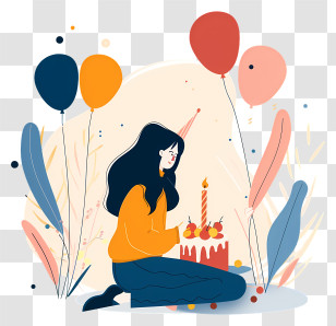 Girl With Birthday Cake - Woman Celebrating Birthday With Cake And Balloons Transparent PNG