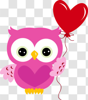 Birds - Adorable Pink Owl With Heart Balloon Transparent PNG