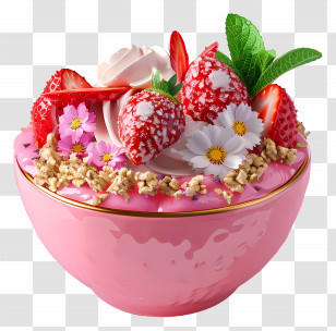 Strawberry Smoothie Bowl - Pink Dessert Bowl With Strawberries And Flowers Transparent PNG