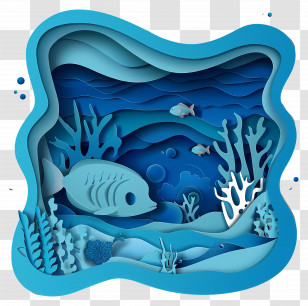 Underwater Scene - Blue Underwater Scene With Marine Life In Paper Art Transparent PNG