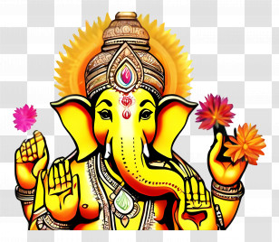 Ganesha - Illustration Of Lord Ganesha With Bright Flowers Transparent PNG